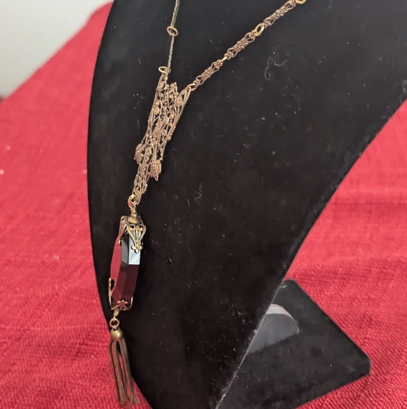 JAN MICHAELS San Francisco Long Artisan Brass Black Stone Necklace Art Deco - Picture 5 of 7